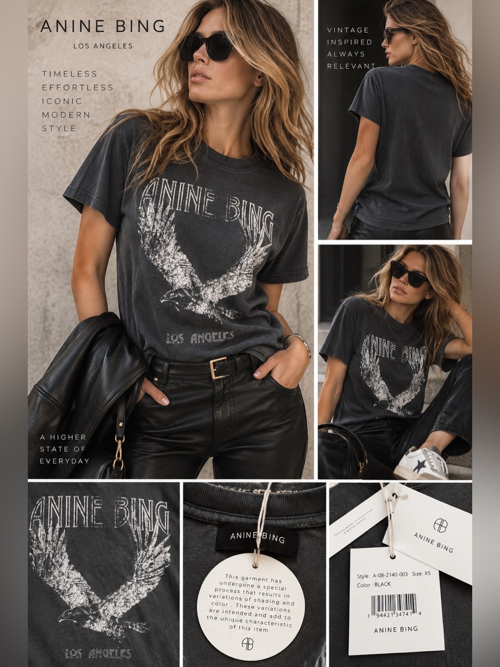 ANINE BING Lili Eagle Tee XS NWT Washed Black Los Angeles Graphic T-Shirt